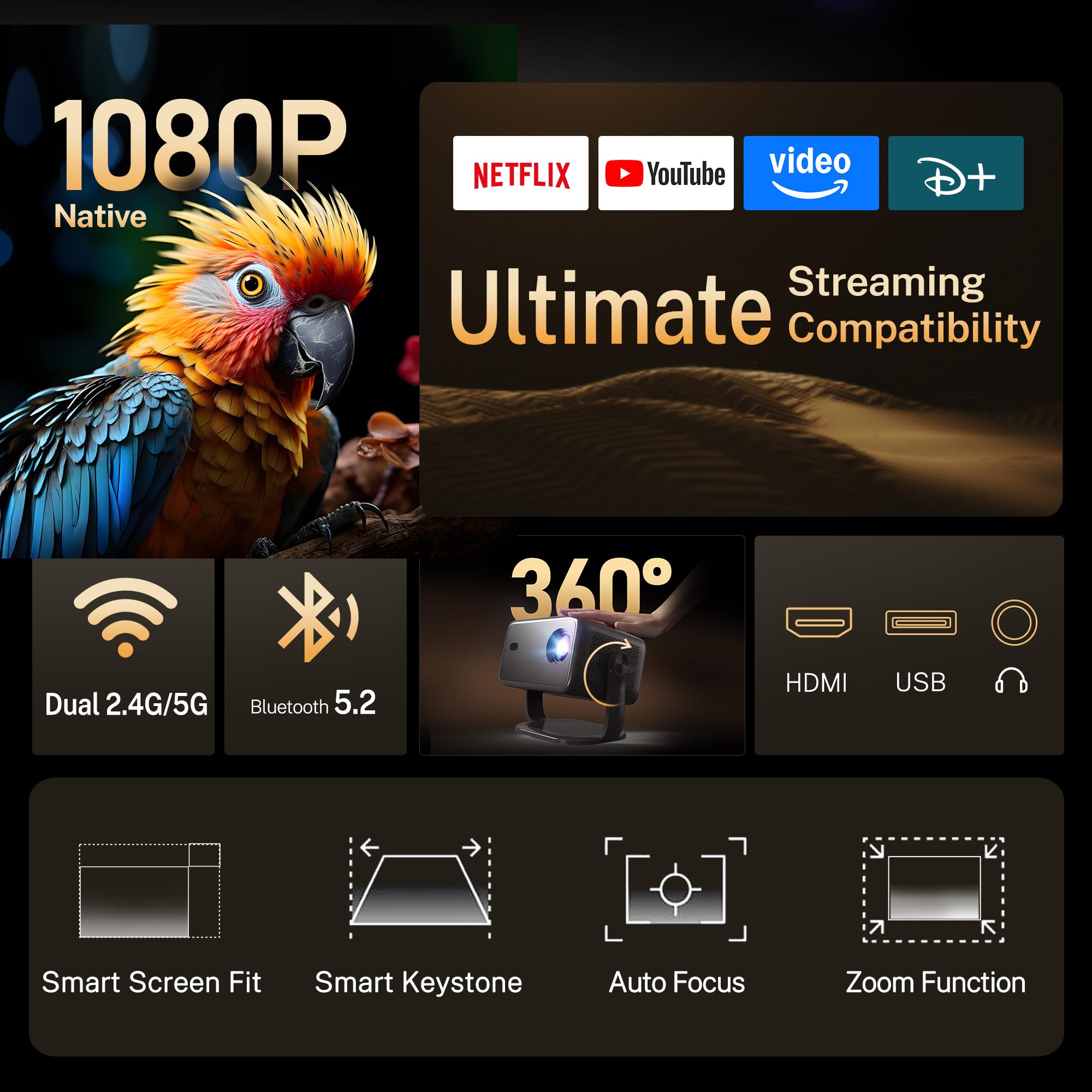 [Compatible con Netflix] Proyector Inteligente 1080P Nativo, 800 ANSI | Android 13, Soporta 4K, Control Remoto Air Mouse, Enfoque y Corrección Automáticos por IA, WiFi y BT, Audio Hi-Res