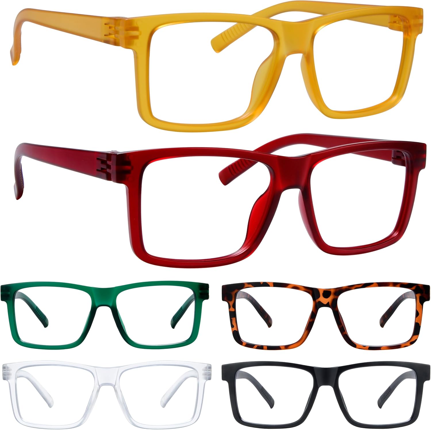 6 Pack Reading Glasses with Screwless Spring Hinge Metalless Oversized Readers For Men