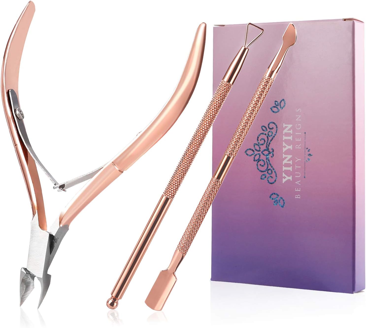 (RoseGolden) - Cuticle Trimmer with Cuticle Pusher and Cutter-YINYIN Cuticle Nipper Professional Stainless Steel Cuticle Clippers Durable Pedicure Manicure Tools for Fingernails and Toenails(RoseGo...