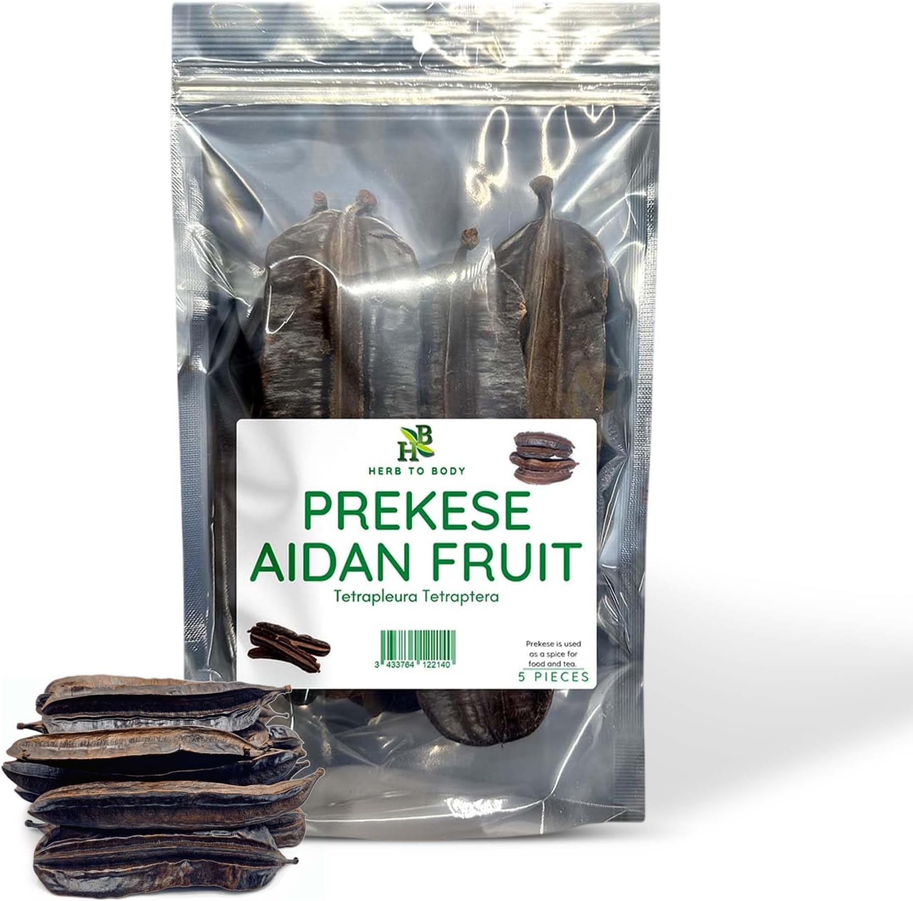 Herb To Body Prekese Aidan Fruit Organic - 5 Whole Pods, Tetrapleura Tetraptera, African Dried Herbs for Herbal Tea and Seasoning, Aidan Fruit from Ghana