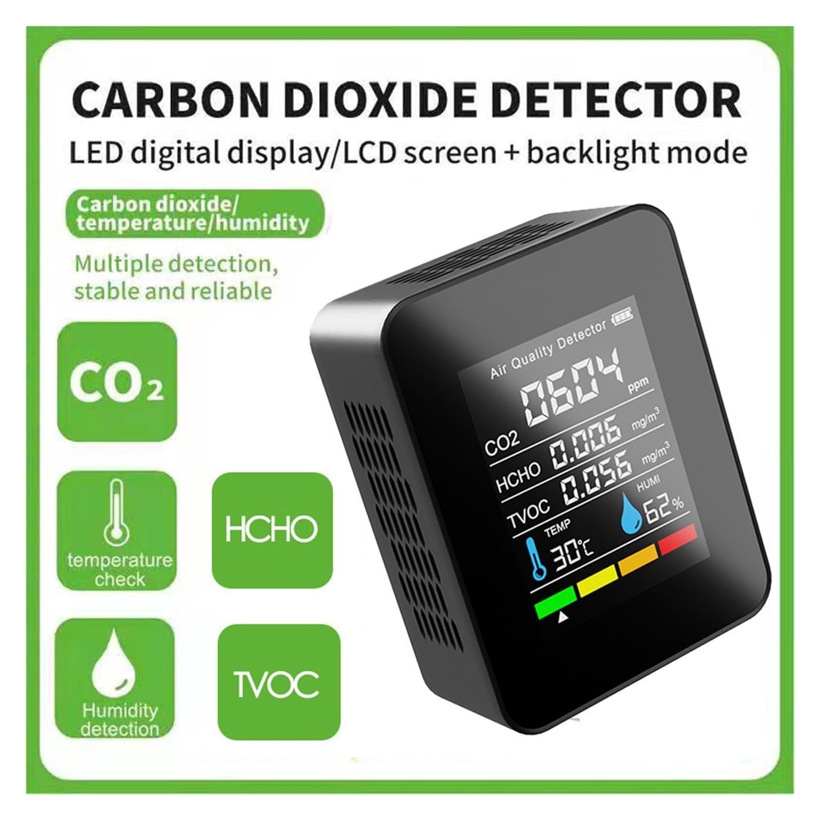 Rilevatore Gas, 5 In1 Air Monitor CO2 Rivelatore di anidride carbonica Magazzino Qualità dell'aria Temperatura Umidità TVOC HCHO Misuratore di misurazione del monitor,per casa ufficio scuola hotel(5