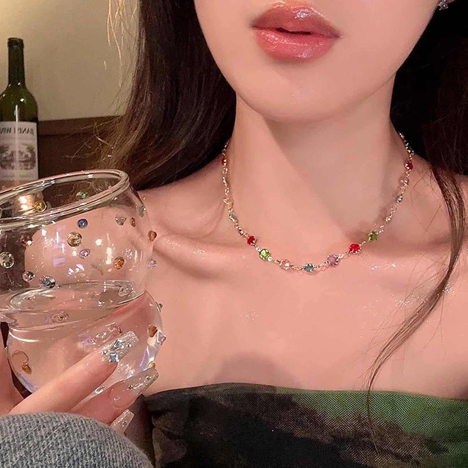 Bohemian Rainbow Crystal Choker Necklace Gold Cz Bead Necklace Colorful Rhinestone Chain Necklace Handmade Rainbow Bead Collar Necklace Jewelry for Women - Image 5