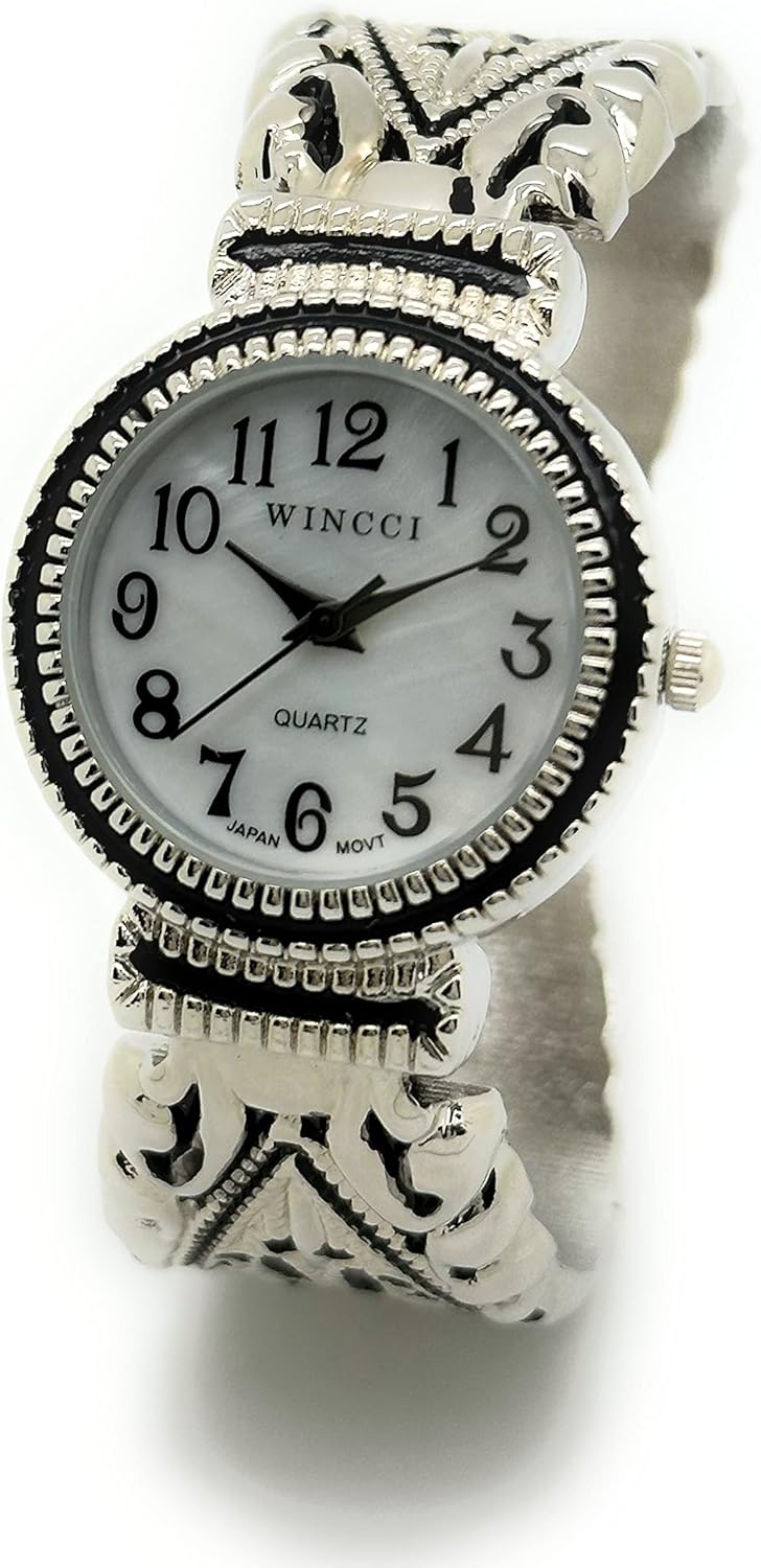Ladies Elegant Western Concho Vintage Style Decorated Metal Bangle Cuff Fashion Analog Quartz Watch Mother of Pearl Dial Easy to Read Black Numbers Black Hour Minute Second Hands
