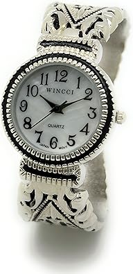 Ladies Elegant Western Concho Vintage Style Decorated Metal Bangle Cuff Fashion Analog Quartz Watch Mother of Pearl Dial Easy to Read Black Numbers Black Hour Minute Second Hands