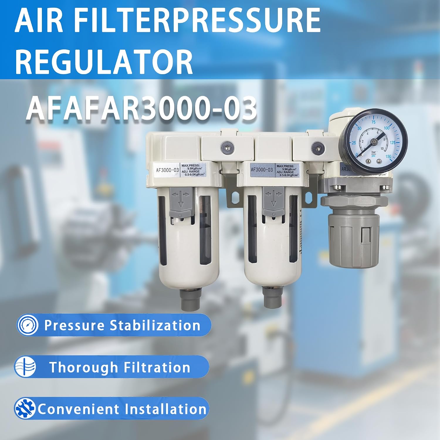 XingNEeng 3/8" NPT Compressed Double Air Filters, Air Pressure Regulator Combo, Water/Oil Trap Separator Air Drying System with Pressure Gauge(0-150 psi), Semi-Auto Drain, Poly Bowl, Metal Bracket