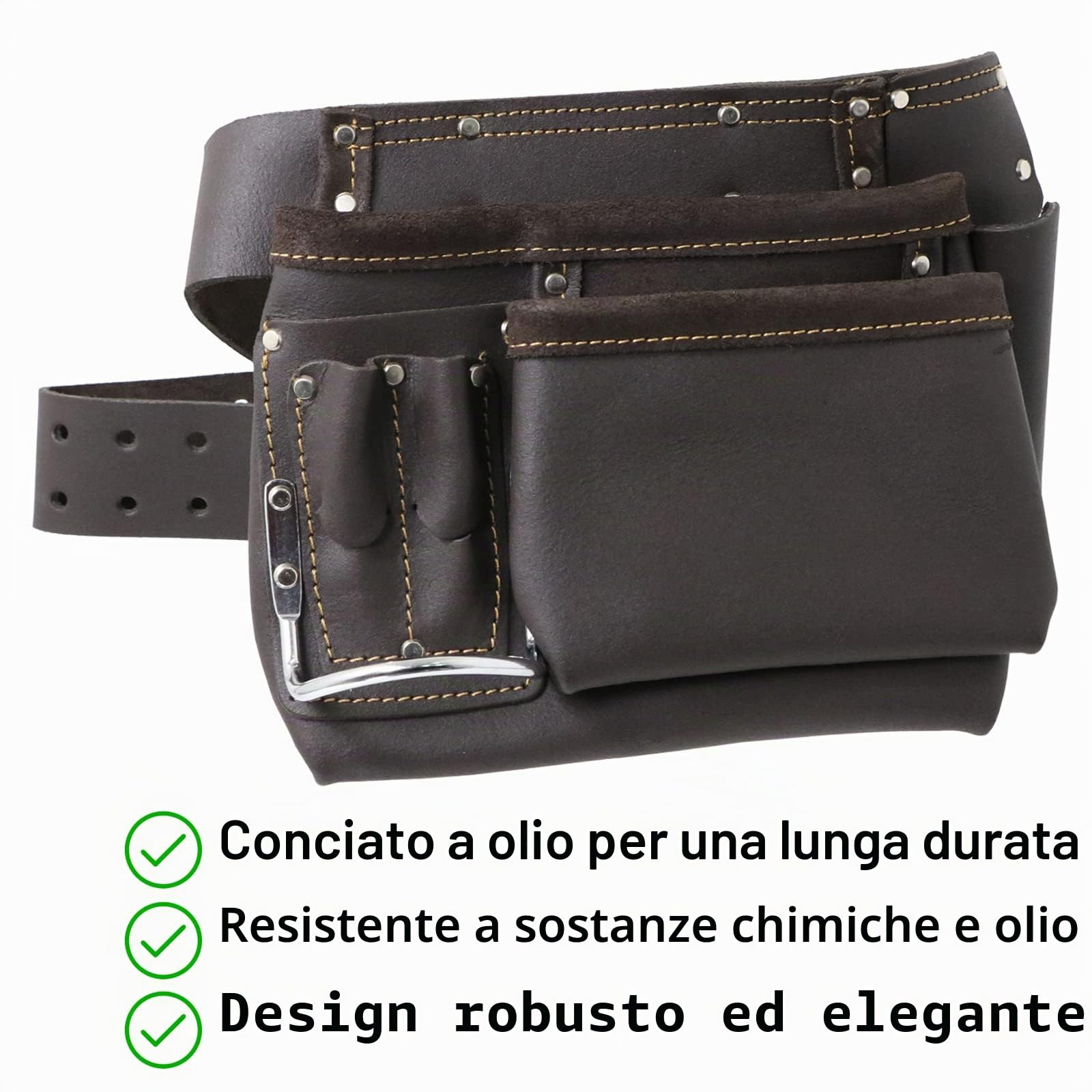Spares2go, marsupio per chiodi multi tasca in pelle conciata al petrolio, rinforzata, cintura per attrezzi da fai da te