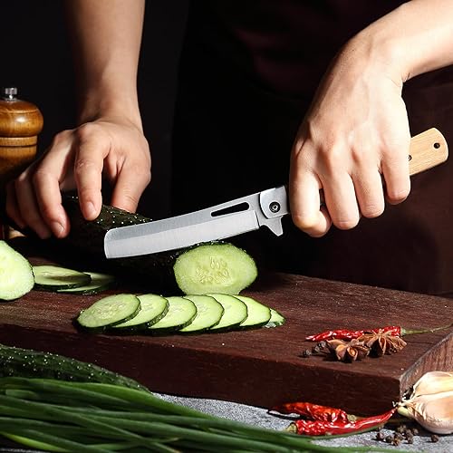 Miniatura 6 de Cuchillo de chef plegable de 4.2 pulgadas, mango de madera de olivo natural, hoja de acero inoxidable 440A ultra afilado, cuchillo de chef japonés