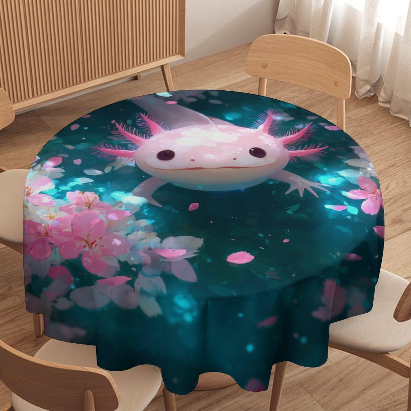 LUYYSKY Classic Colorful Cute Axolotl Round Tablecloth Modern Japanese Anime Cherry Blossom Animal Axolotl Washable Decor for Table Cover for Kitchen-127 Wx127 L cm