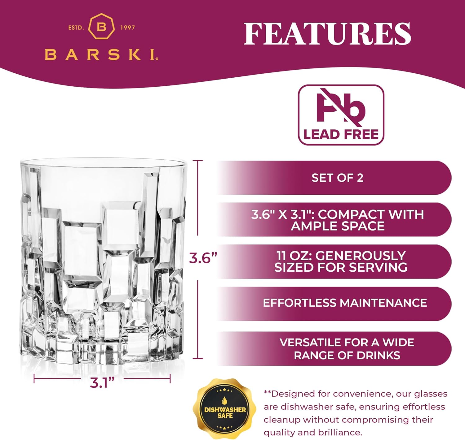 Barski Whiskey Glasses - Double Old Fashioned Rocks Glass - Set of 2 Lowball Tumbler - DOF Crystal Glass Tumblers - For Scotch - Bourbon - Water - Beverage - Drinking Glasses - 11 oz - Made in Europe