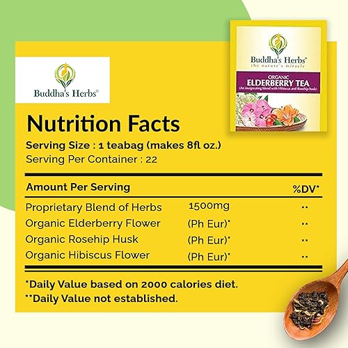 Miniatura 2 de Buddha's Herbs Té orgánico de saúco, infundido con hibisco y cáscara de rosa mosqueta, antioxidante e inmunológico, suplemento dietético sin