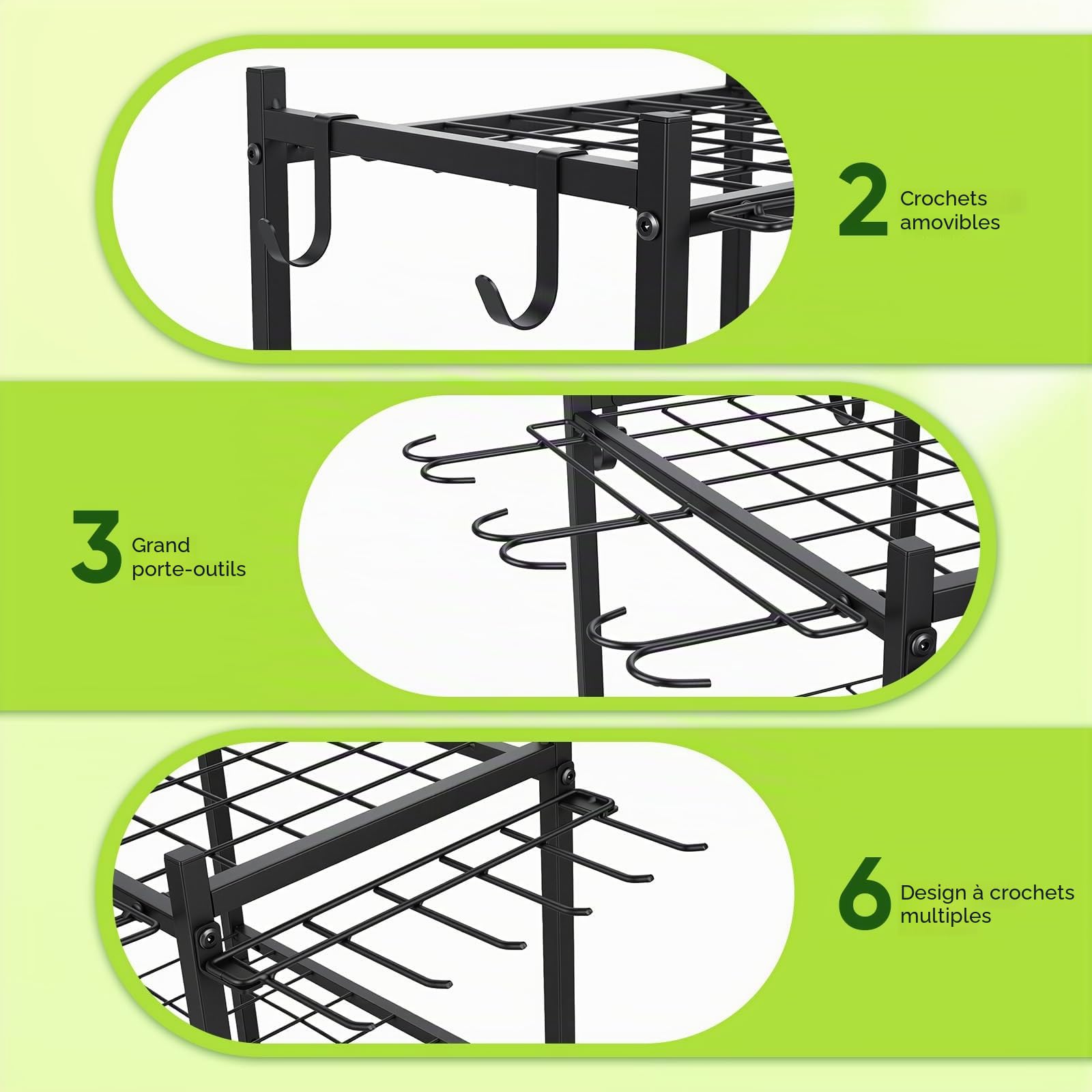 Support pour outils de jardin debout avec roulettes, 2 crochets amovibles et 9 crochets fixes, rangement d'outils de jardin jusqu'à 35 outils pour pelle, houe et fourche, atelier, garage et