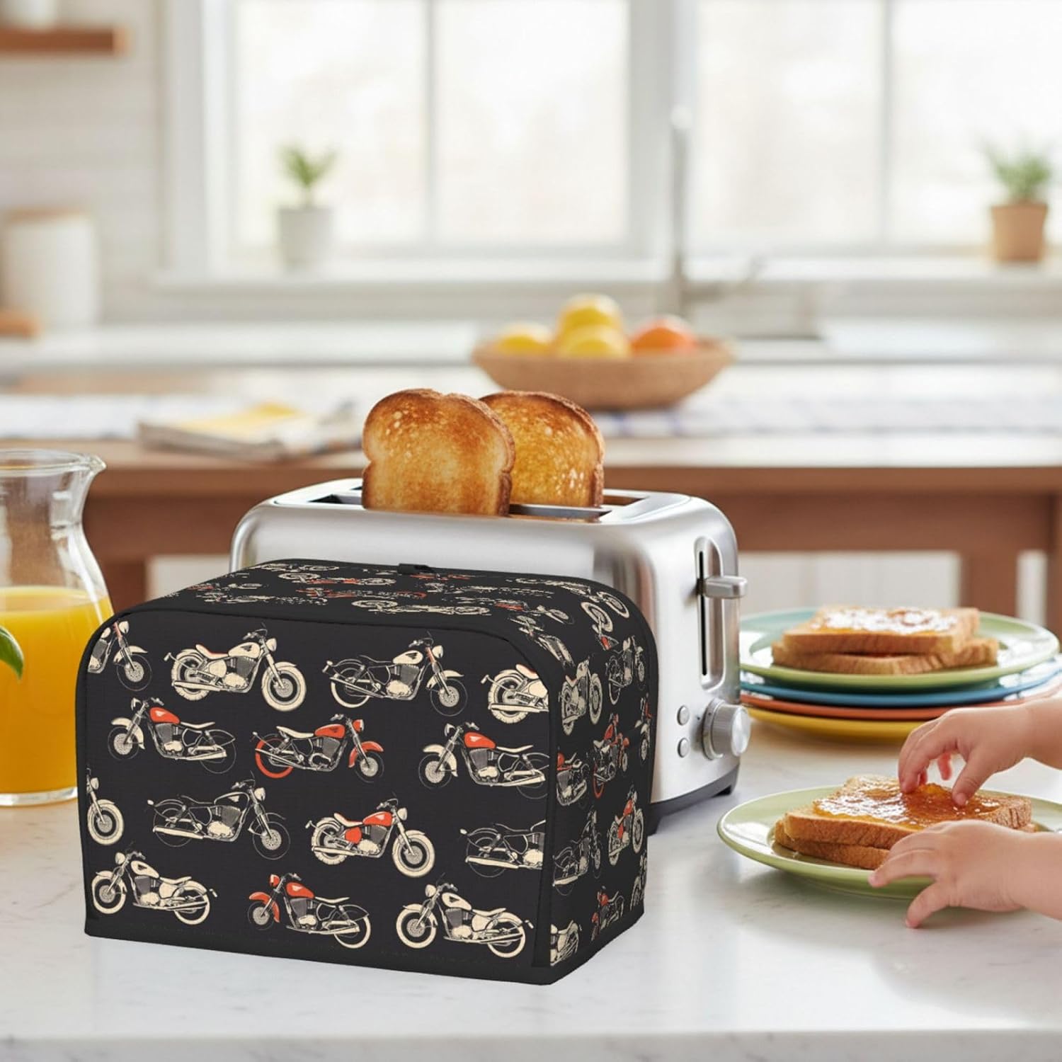 Retro Black Motorcycle 2 Slice Toaster Cover, Waterproof Toaster Dust Cover Bread Machine Protector for Small Kitchen Appliance Dining Room Home Table Decor