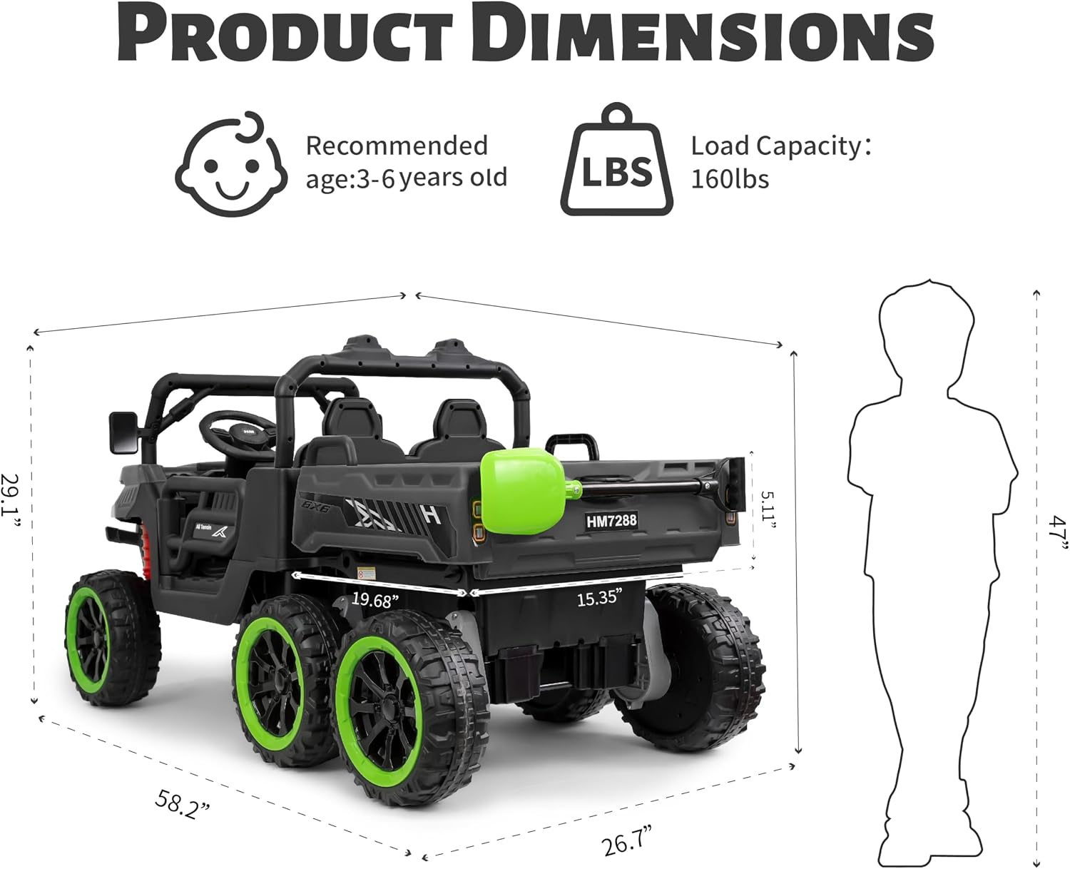 TCARAIWEN 24V Ride On 2 Seater Dump Truck with Remote Control, 6x6 Electric UTV Car with Electric Dump Bed, 2 Speed 4WD Power Ride Cars 6x6 Wheels Music, Storage Trunk, Shovel for Boys Girls, Black