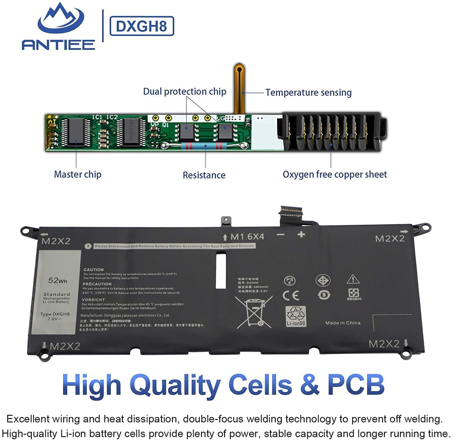 ANTIEE 52Wh DXGH8 Zapasowa bateria do Dell PS 13 9370 9380 Inspiron 13 7390 7391 2 w 1 5390 5391 7490 Latitude 3301 E3301 Vostro 5390 5391 H754V 0H754V 54 V 54 V V G8, VCF P82G