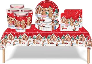 53Pcs Christmas Party Tableware Red Gingerbread Man Decorations,Merry Christmas Tableware Set Party Table Cloth,7inch Paper Plates,Paper Napkins,Cups for Xmas Disposable Dinnerware party Supplier