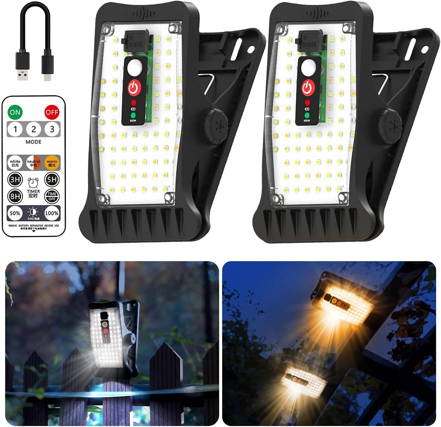Solar Motion Sensor Clip Light Outdoor with 3 Colors, Remote Control, USB, 70 LED & 3 Modes, 2 Pack IP64 Waterproof Security Lights for