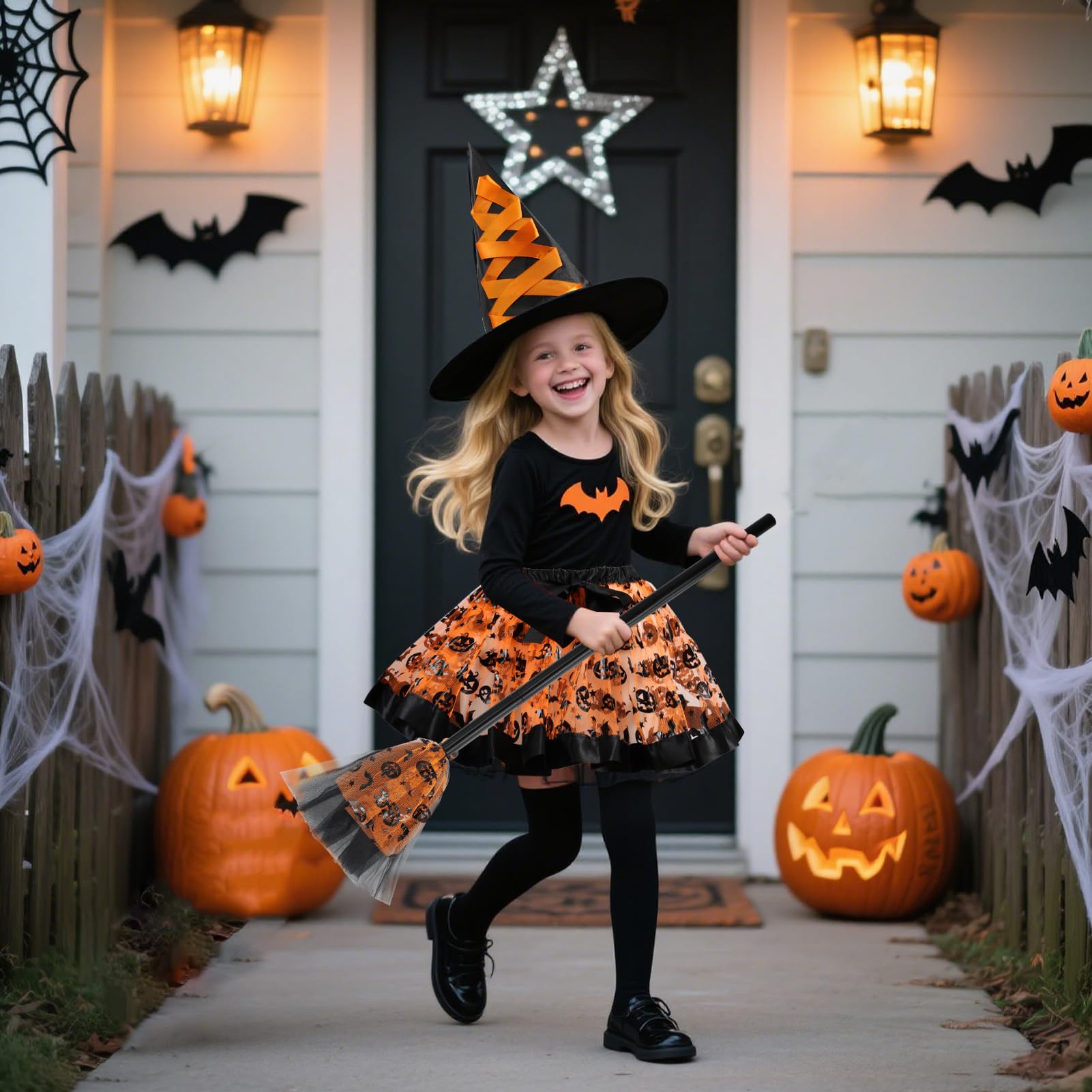 Halloween Witch Costume Toddler Girls Witch Tutu Skirt Set including Hat Broom Tutu Costume for Halloween Themed Parties (Orange) - Image 4
