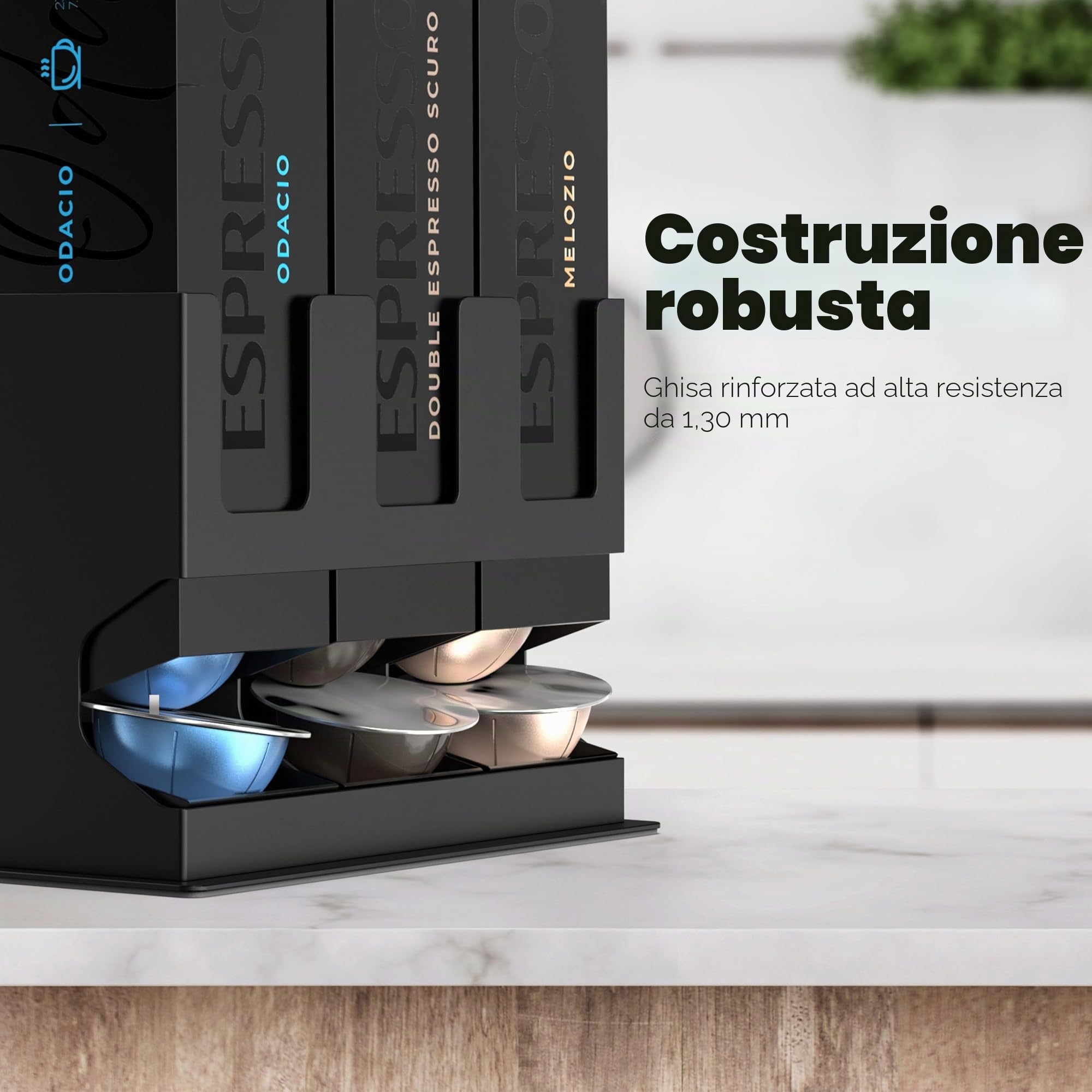 GALVANOX Dispenser premium per capsule Nespresso Vertuo – Supporto autoportante da appoggio con base in acciaio antiscivolo, eroga 3 gusti di caffè (30 capsule VertuoLine)