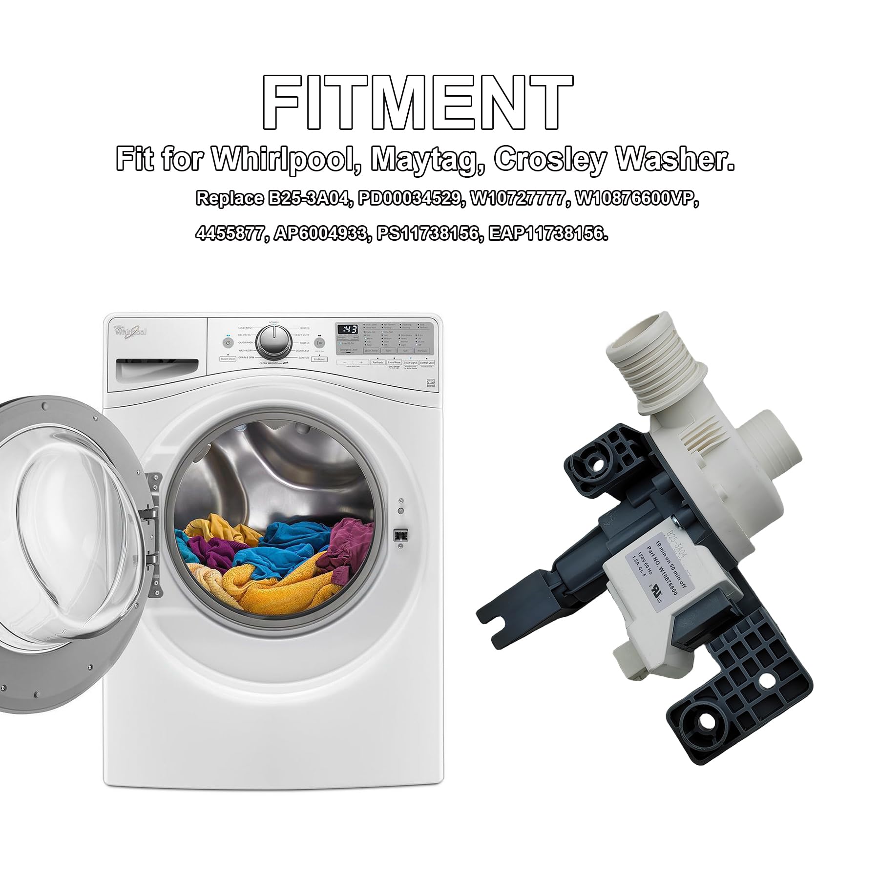 Washer Drain Pump Replacement (Part #W10876600) For Whirlpool, Maytag, Kenmore & Other Washing Machines