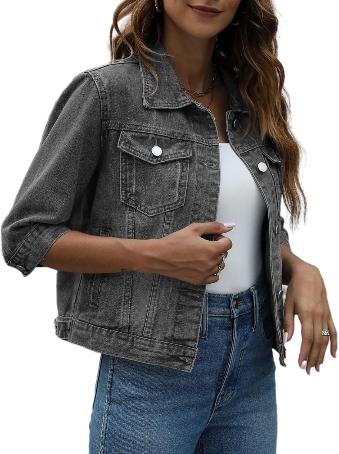 happlan Women's 3/4 Sleeve Short Denim Jacket Lapel Button Down Cropped Trucker Jean Jackets Coats