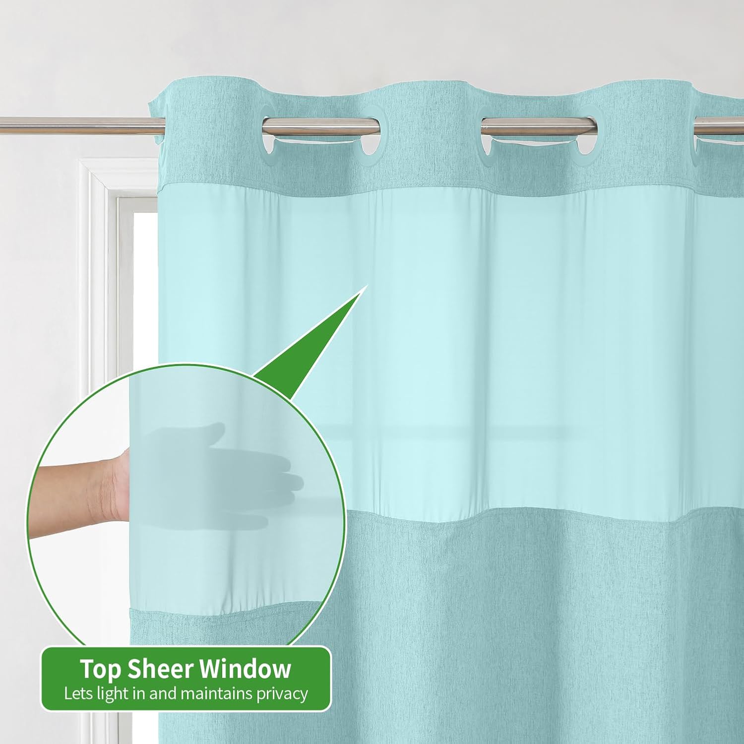 No Hooks Needed Linen Textured Shower Curtain with Snap-in Fabric Liner Set,Hotel Luxury Decor Waterproof Shower Curtains for Bathroom with Mesh Top Window,Washable,71Wx74H,Teal