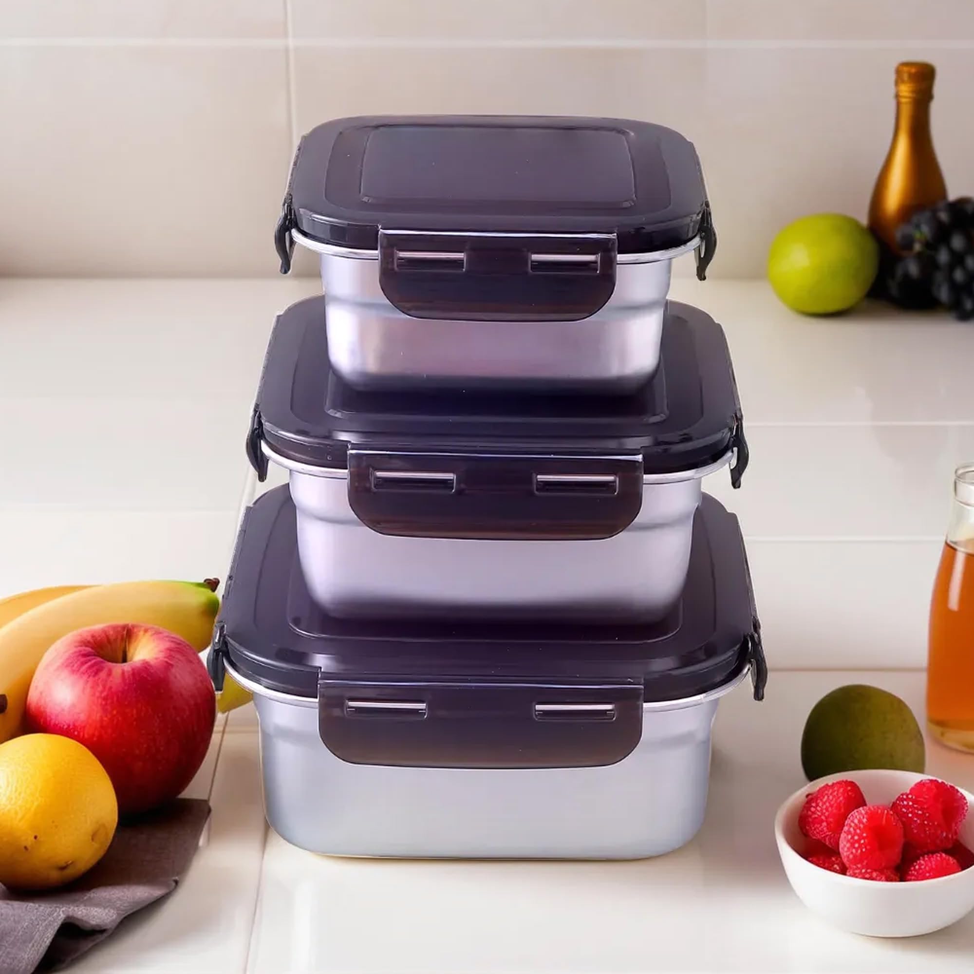 UMAI Stainless Steel Kitchen Containers With Lid Set Of 3-400Ml, 600Ml & 900Ml | Multipurpose Air Tight Food Storage Containers, Kitchen Organizer And Lunch Boxes For Office/School/College, Black (B0CVQLZW34) Amazon Price History, Amazon Price Tracker