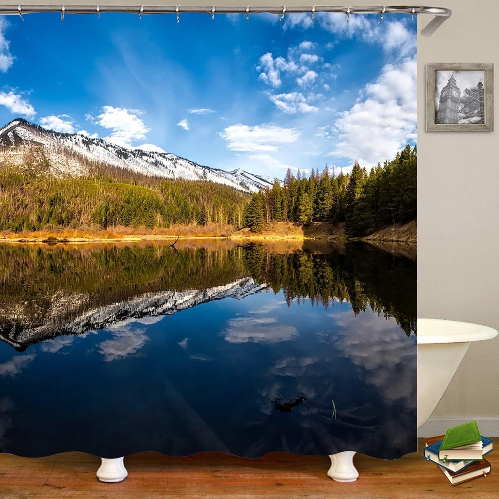 Rideau de douche polyester KnSam rideau salle de bain imperméable 180x200cm avec anneaux paysage lac