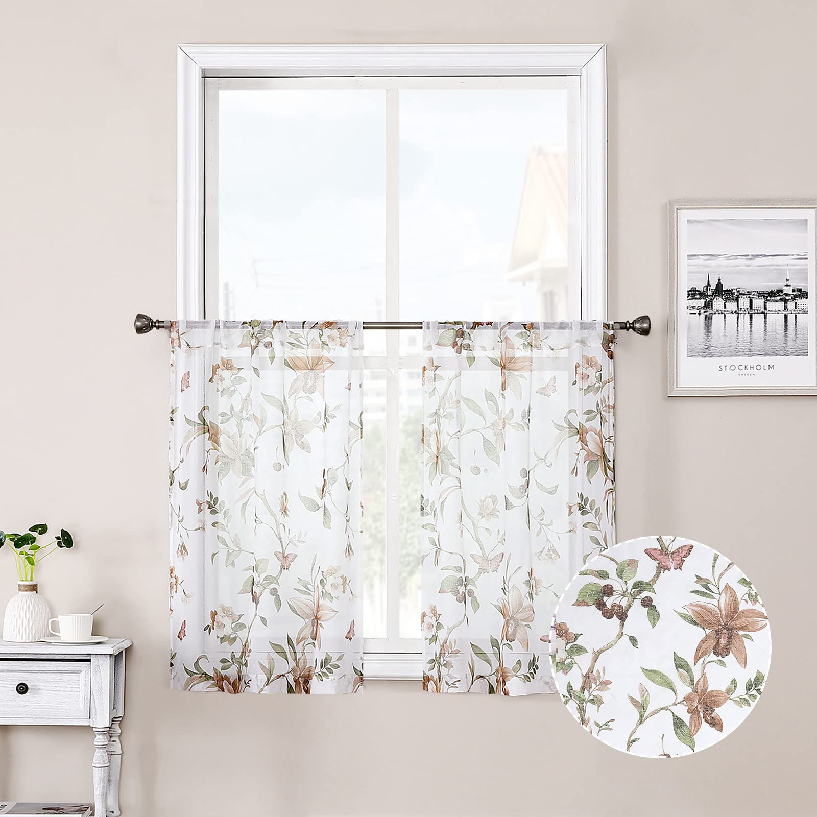 Tollpiz Floral Sheer Tier Curtain Taupe Cherry Flower Butterfly Print Half Curtains Kitchen Rod Pocket Voile Linen Look White Sheer Curtain for Bathroom, 30 x 36 inches Long, Set of 2 Panels