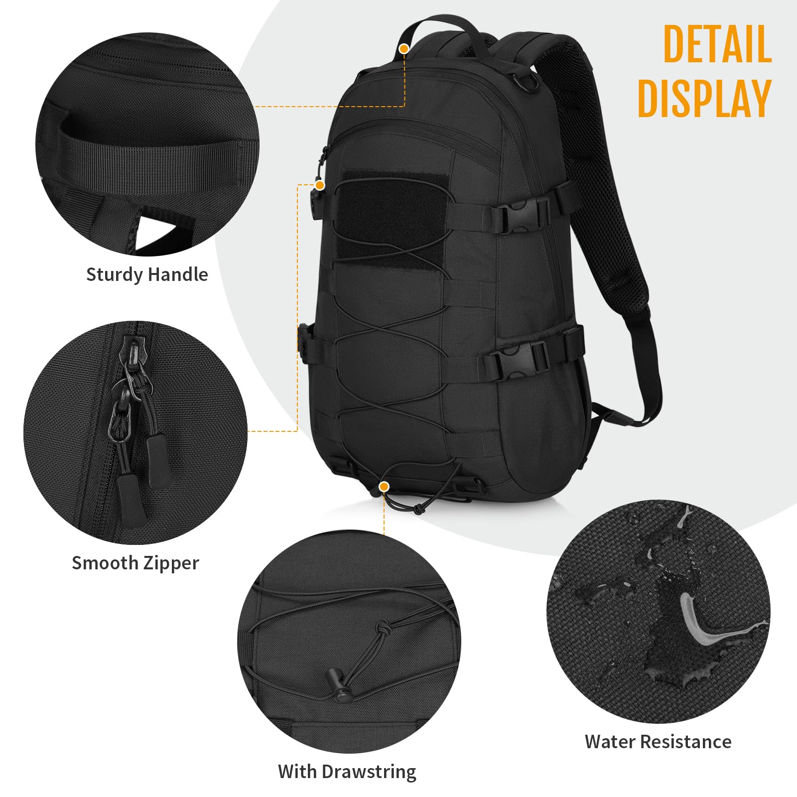 HUNTVP Mochila Tactica 25L Mochila Hombre Pequeña 1000D Nailon Militar Impermeable para Caza Correr Viajar Ciclismo Camping Trekking Senderismo,Negro