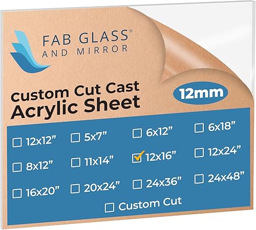 Fab Glass and Mirror Lámina de plexiglás acrílico ligera de 12 x 16 pulgadas (0.472 in) de plástico PET transparente para marco de fotos,