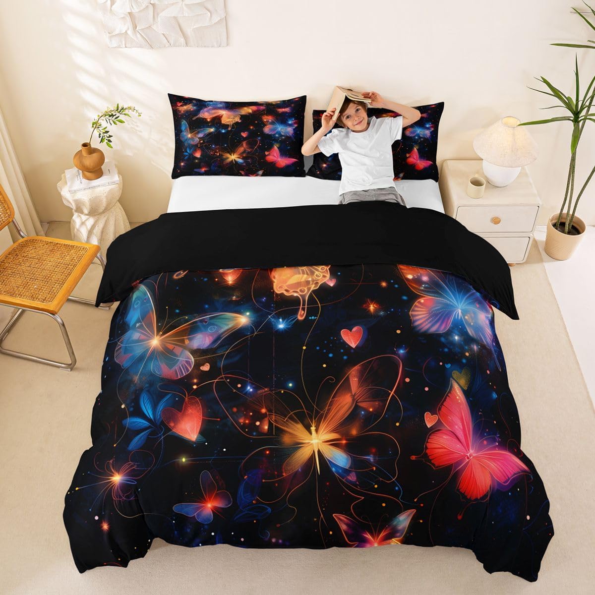 Gradient Butterfly Duvet Cover Set Toddler Size,Galaxy Star Love Heart Bedding Set 2pcs,Sparkling Dreamy Quilt Cover with Zipper Closure,Neon Animal Girls Room Decor, 1 Pillowcase,No Comforter