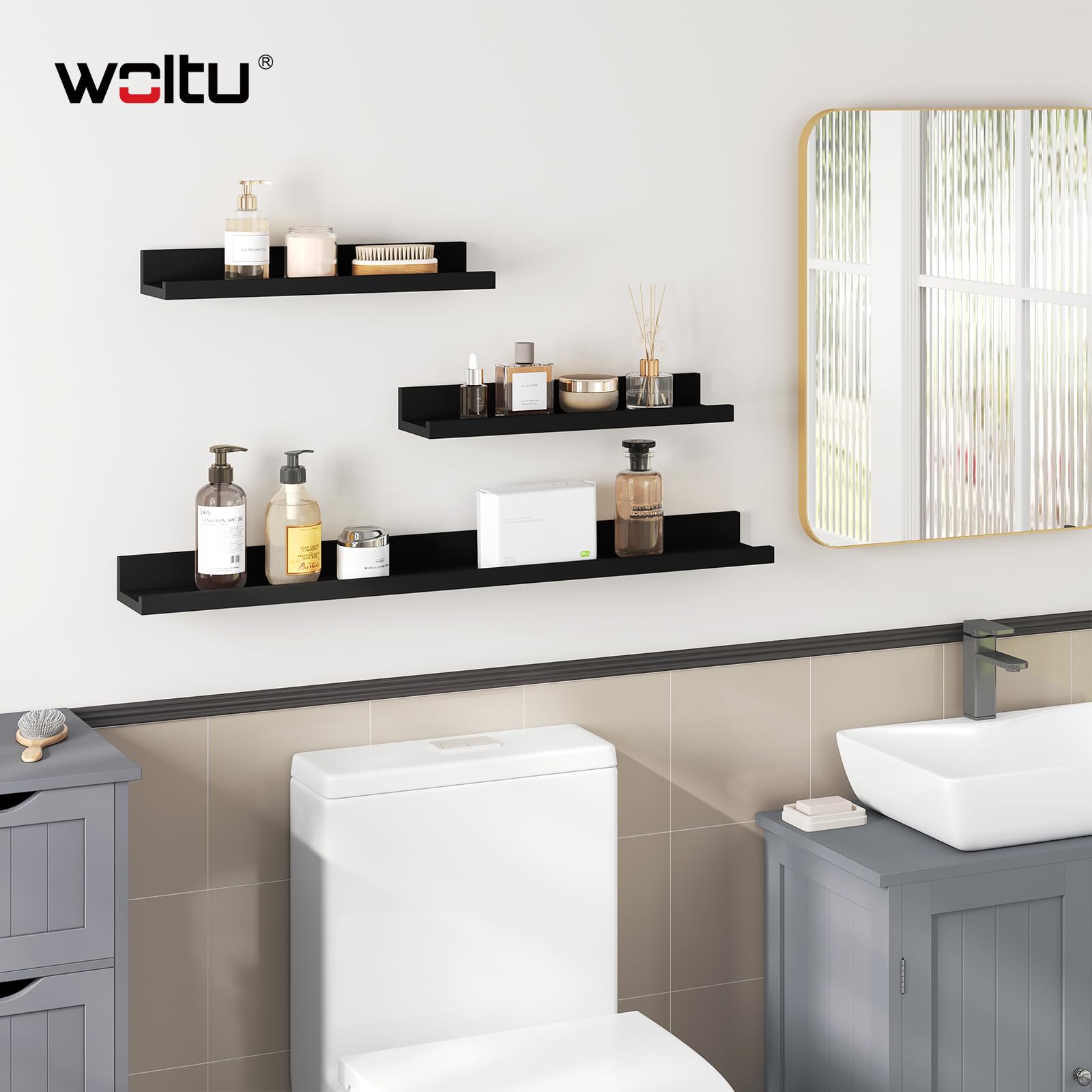 WOLTU Mensole da Muro Design Set di 3, Scaffale Galleggiante con Bordo, Decorazione Parete per Soggiorno Ufficio Camera da Letto Cucina, Nero