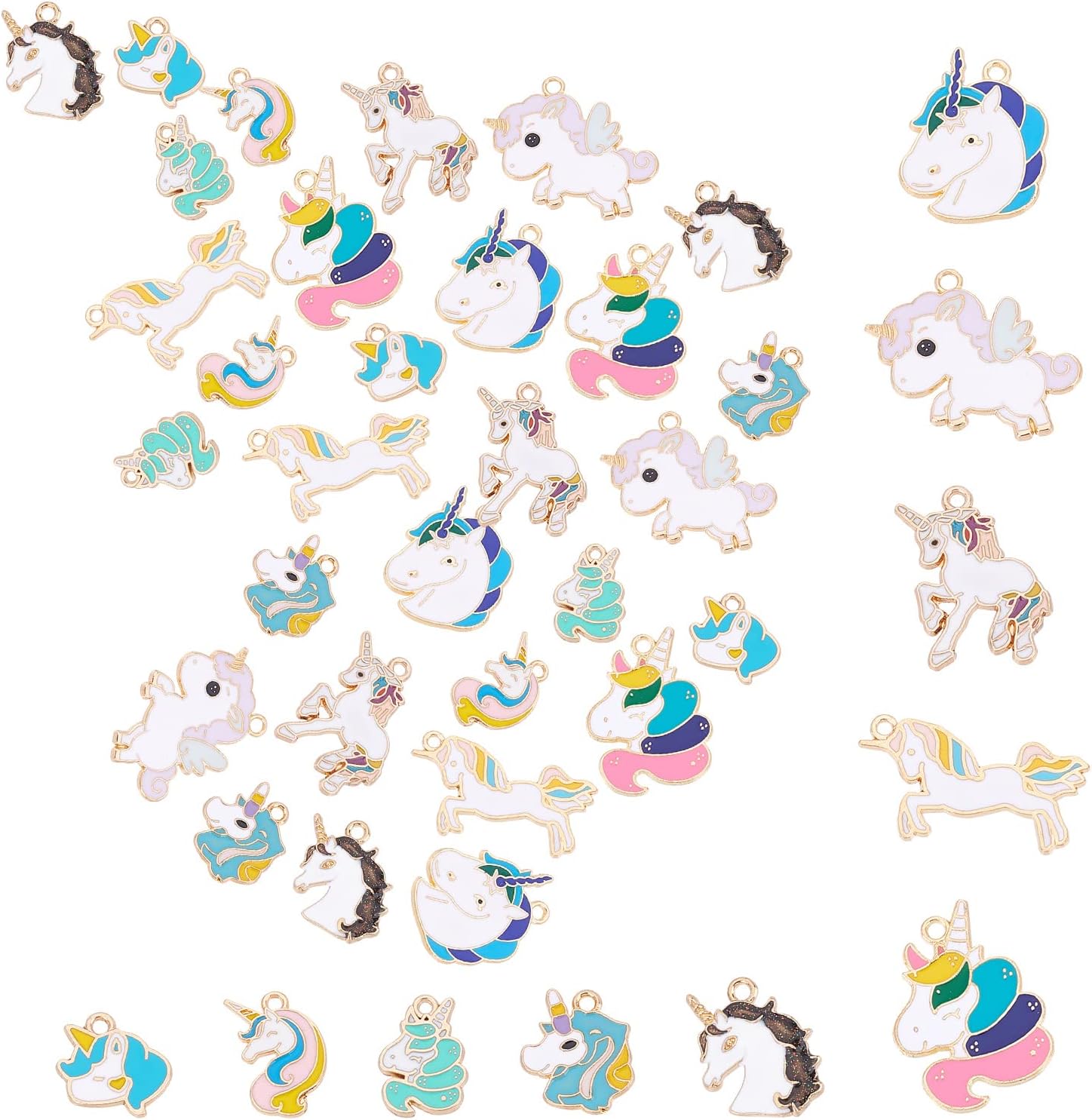 SUNNYCLUE 1 Box 40Pcs 10 Styles Unicorn Charms Alloy Enamel Pendants Assorted Gold Plated Unicorn Charm Accessory for Necklaces Bracelets Earrings DIY Jewelry Making Art Crafts