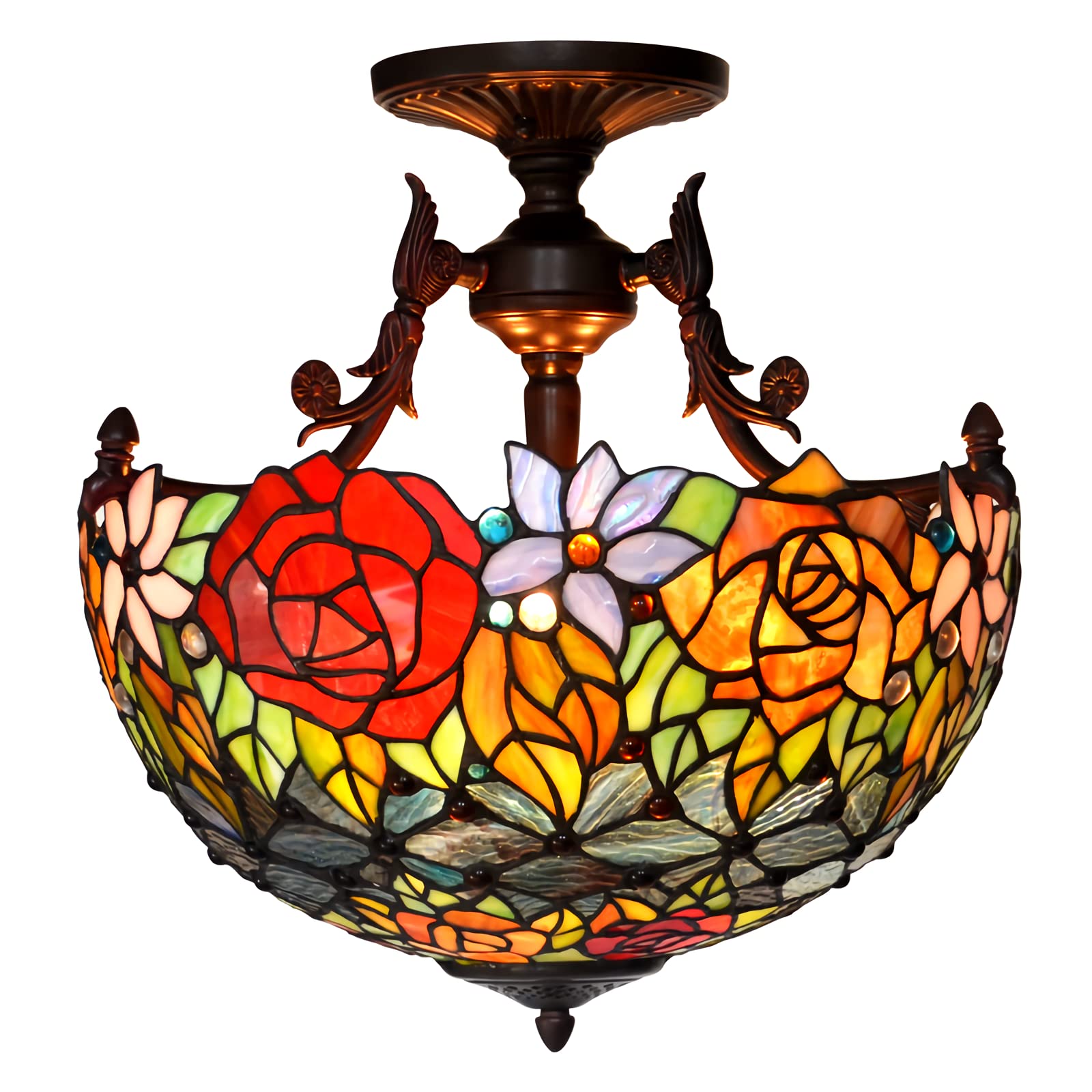 YNIYUJKL Tiffany-Style Chandeliers ?40Cm Dimmable Stained Glass Ceiling Lamp, Vintage Luxury Rose Ceiling Pendant Light For Living Room Bedroom Kitchen