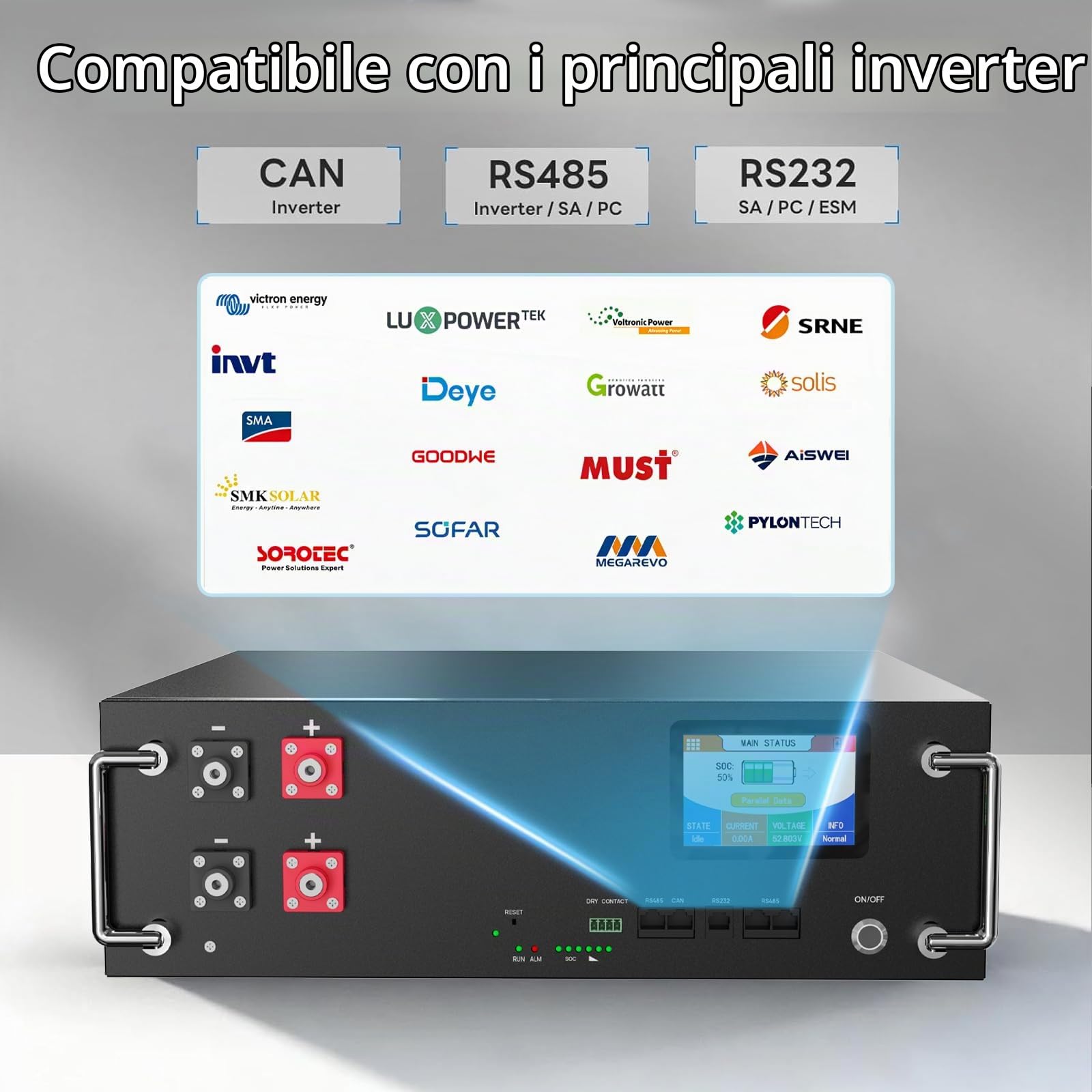 batteria al litio 48V 400Ah, batteria di accumulo LiFePO4 da 20kWh, connessione RS485 e CAN, Smart Display, per accumulo fotovoltaico, batteria off-grid, impianto solare, camper