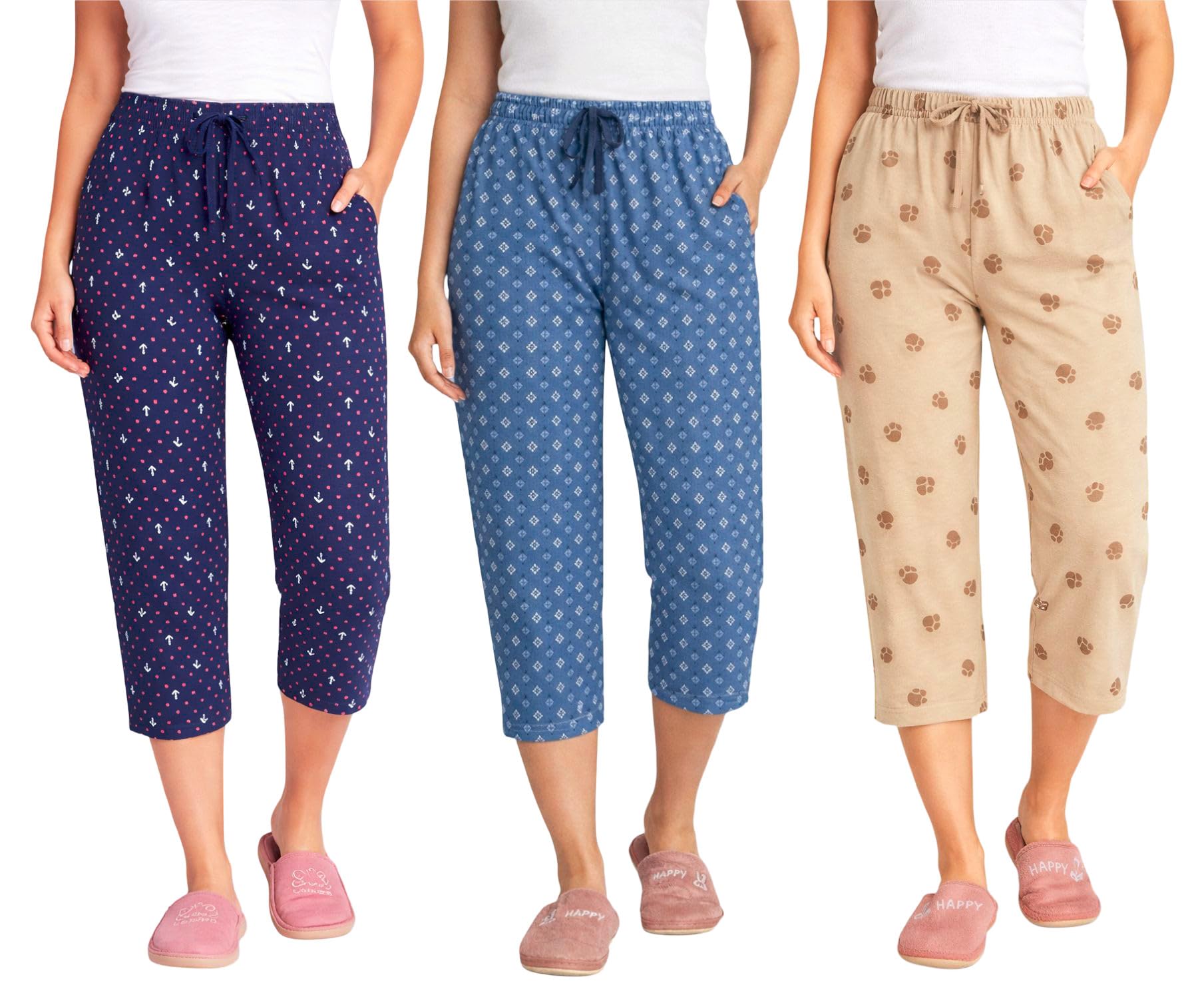 Women’s Printed Cotton Capri Pants for Women with Pocket | Soft Comfortable Stretchable Daily Wear Lounge Capri Bottomwear Pack of 3 (Nvy-BluFlwr-Bge, M)-picture-56