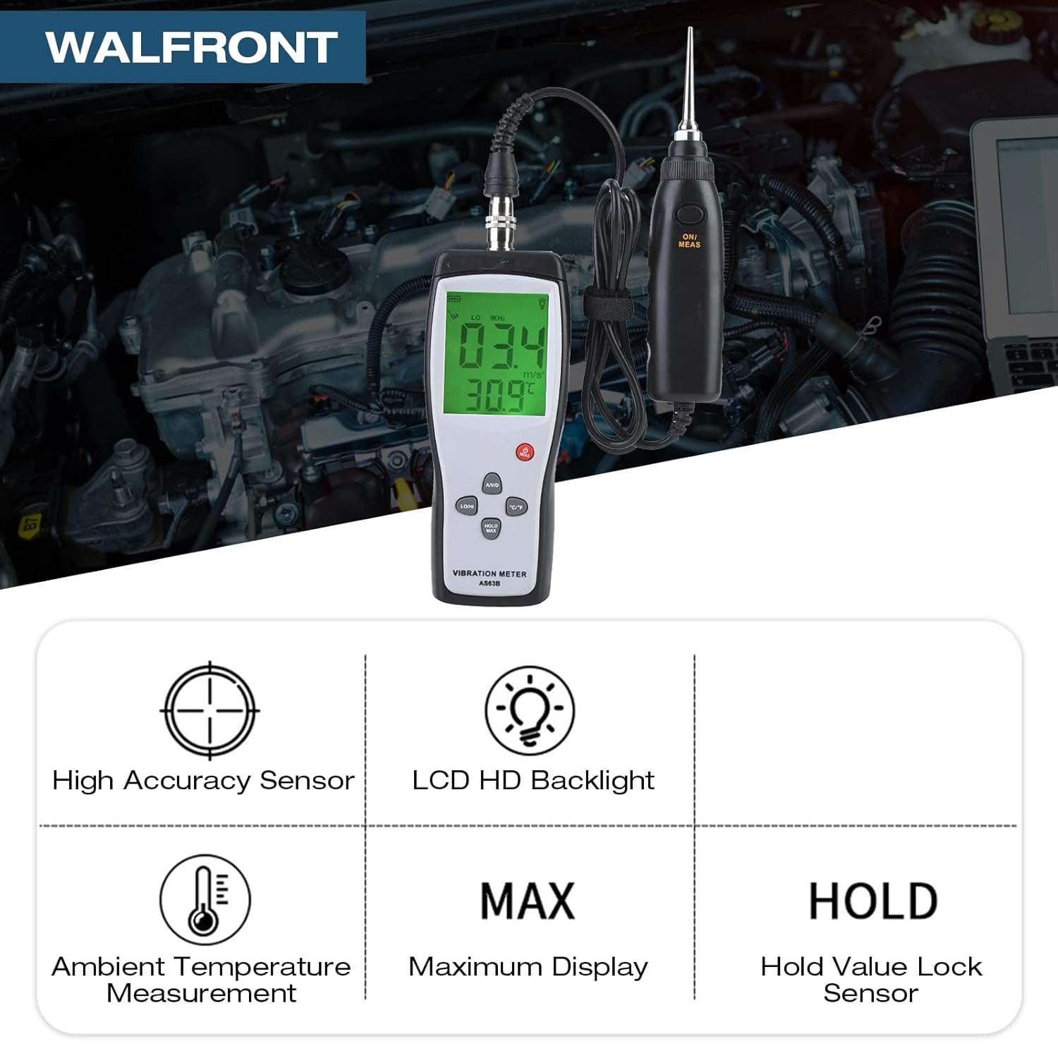 Digital Vibration Meter, Handheld Vibrometer with Accelerometer, Measures Acceleration, Velocity, and Displacement for Motor, Bearing, Pump, and Industrial Machine Analysis