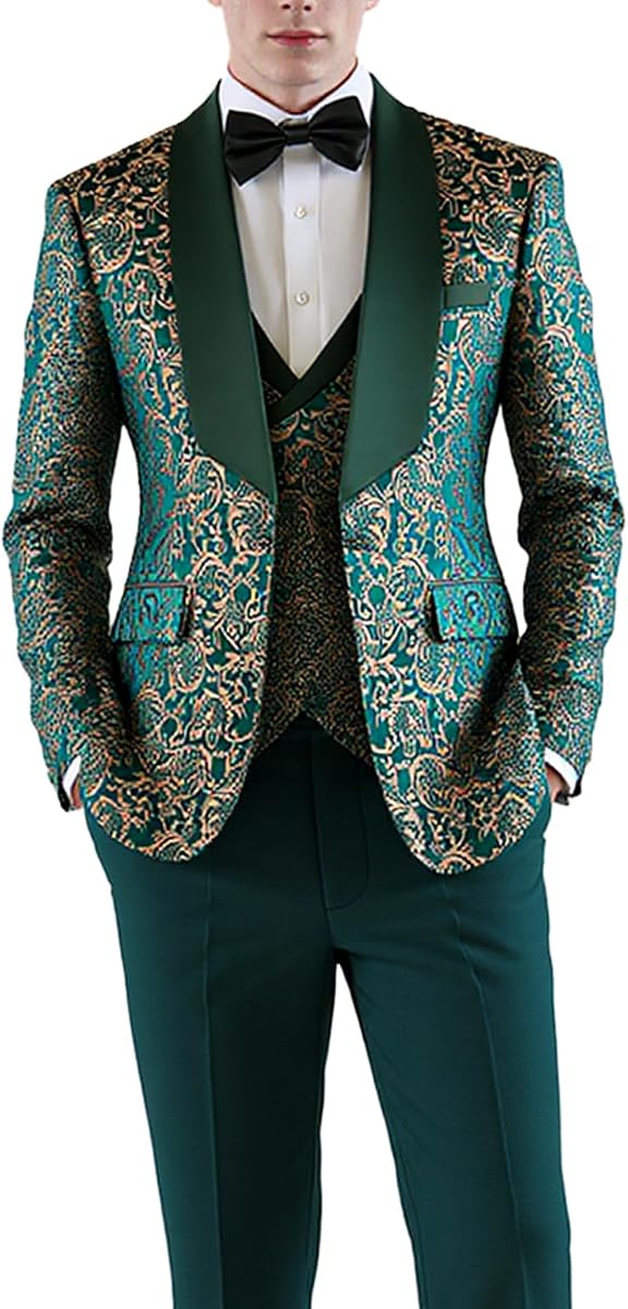 Men’s Suit Dress Tuxedo 3 Piece Slim Fit Floral Wedding Party Print Lightweight Blazer Vest and Pants Set