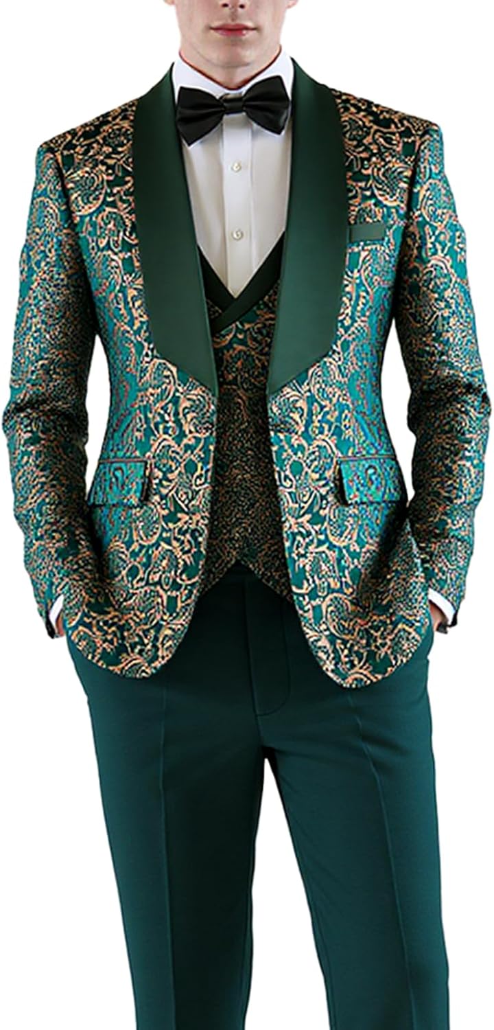 UNINUKOO Men’s Suit Dress Tuxedo 3 Piece Slim Fit Floral Wedding Party Print Lightweight Blazer Vest and Pants Set