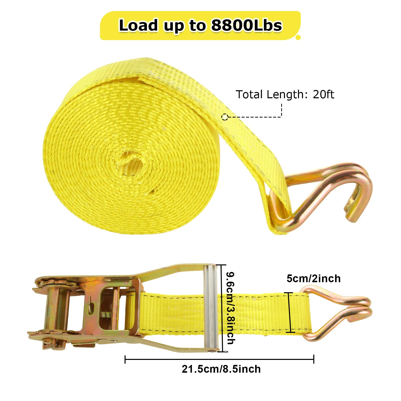 Confezione da 4 cinghie a cricchetto da 5 cm, resistenti, 6 m, con doppio gancio a J, resistenza alla rottura di 4.535,9 kg, cinghie a cricchetto per traslochi, camion, rimorchi, moto, kayak, tetto