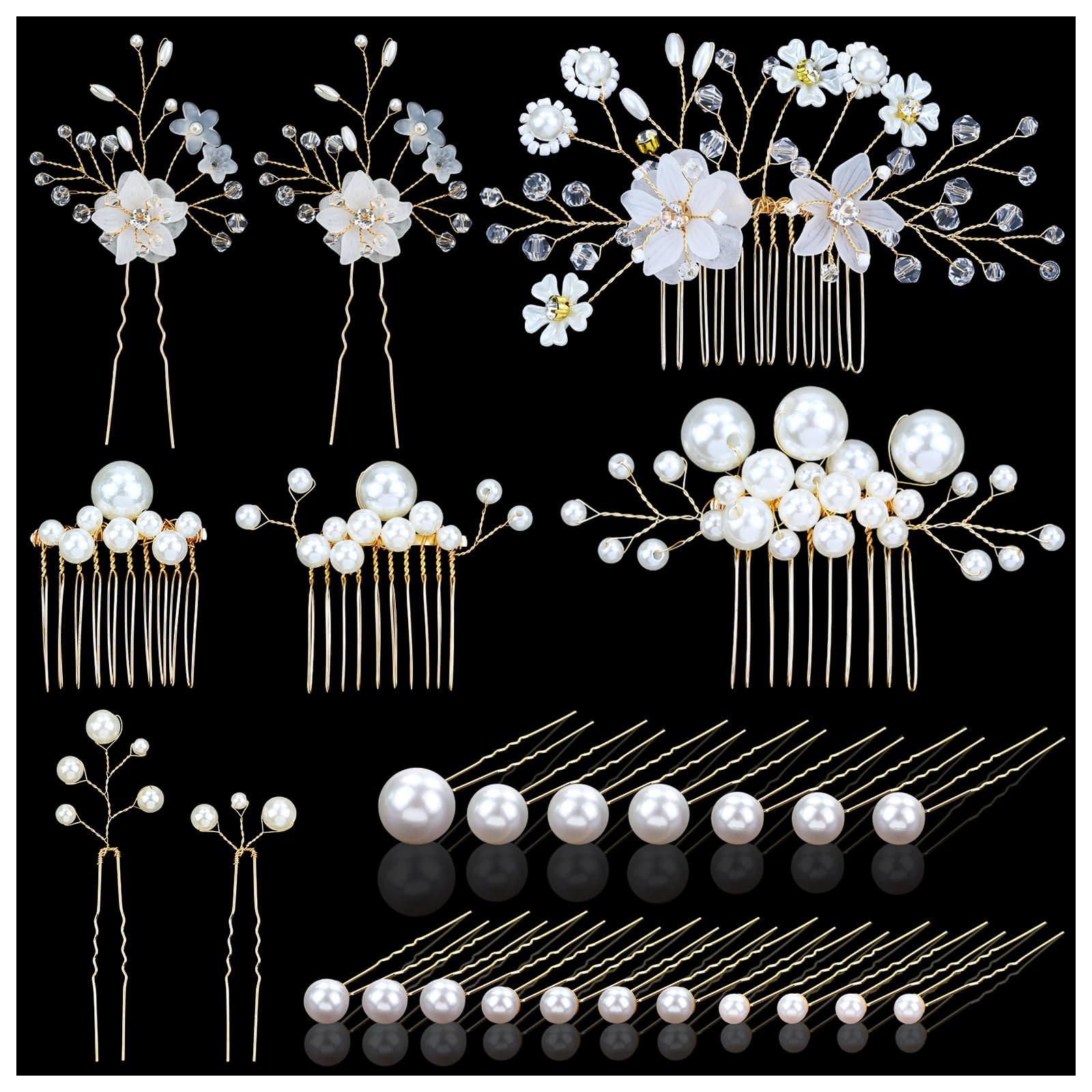 inSowni 26 Pack Gold Flower Pearl Wedding Bridal Hair Side Combs+U Shaped Hair Pins Clips Decorative Barrettes Rhinestone Crystal Accessories Headpieces for Women Girls Brides Bridesmaids