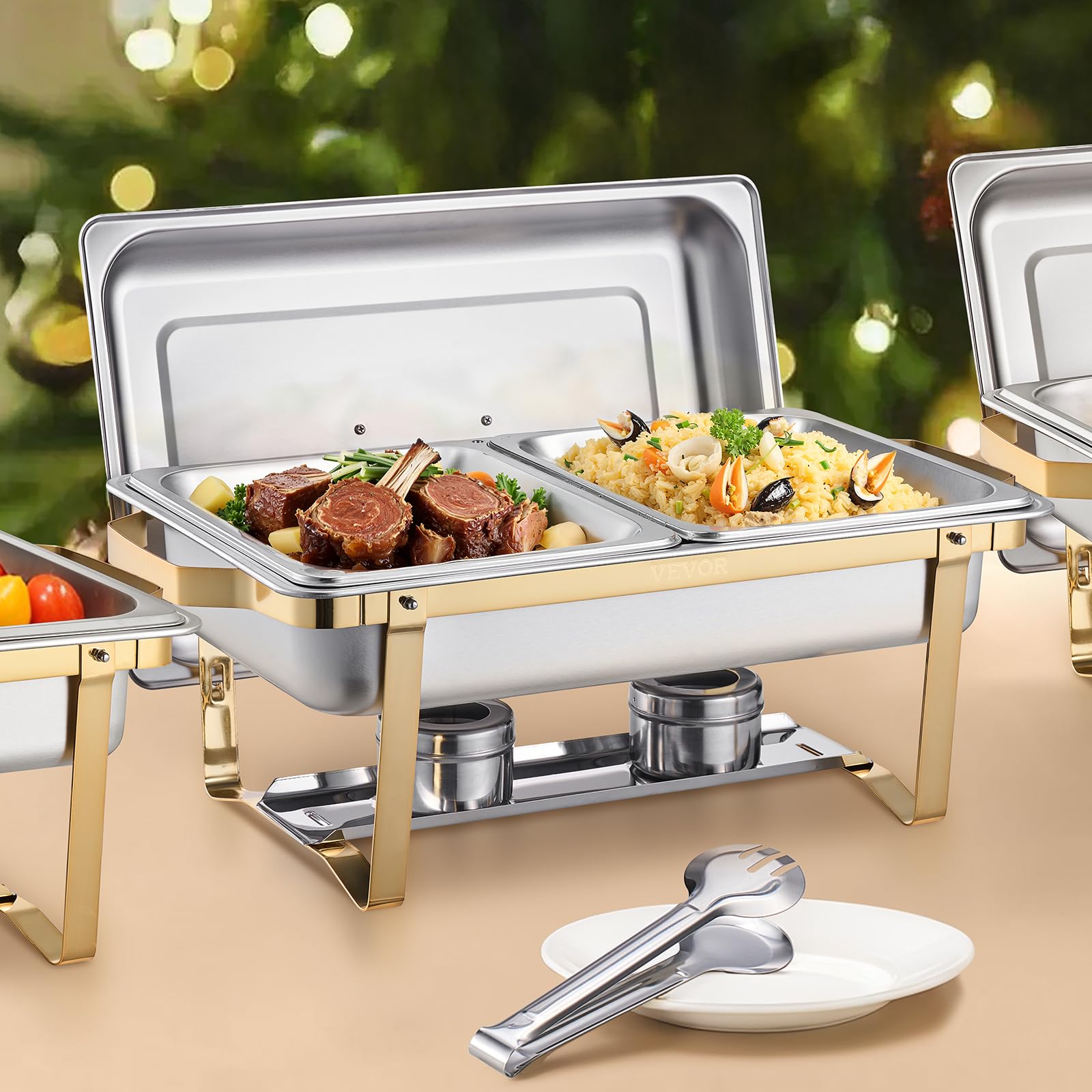 VEVOR Chauffe-Plat 4PCs 7,5 L, Buffet Chauffant Rectangulaire, Réchaud en INOX, avec 2 Bacs Pleine Taille, 6 Bacs Demi-Taille et Couvercle, pour Buffet Libre-Service Hôtel Traiteur Restauration, Doré