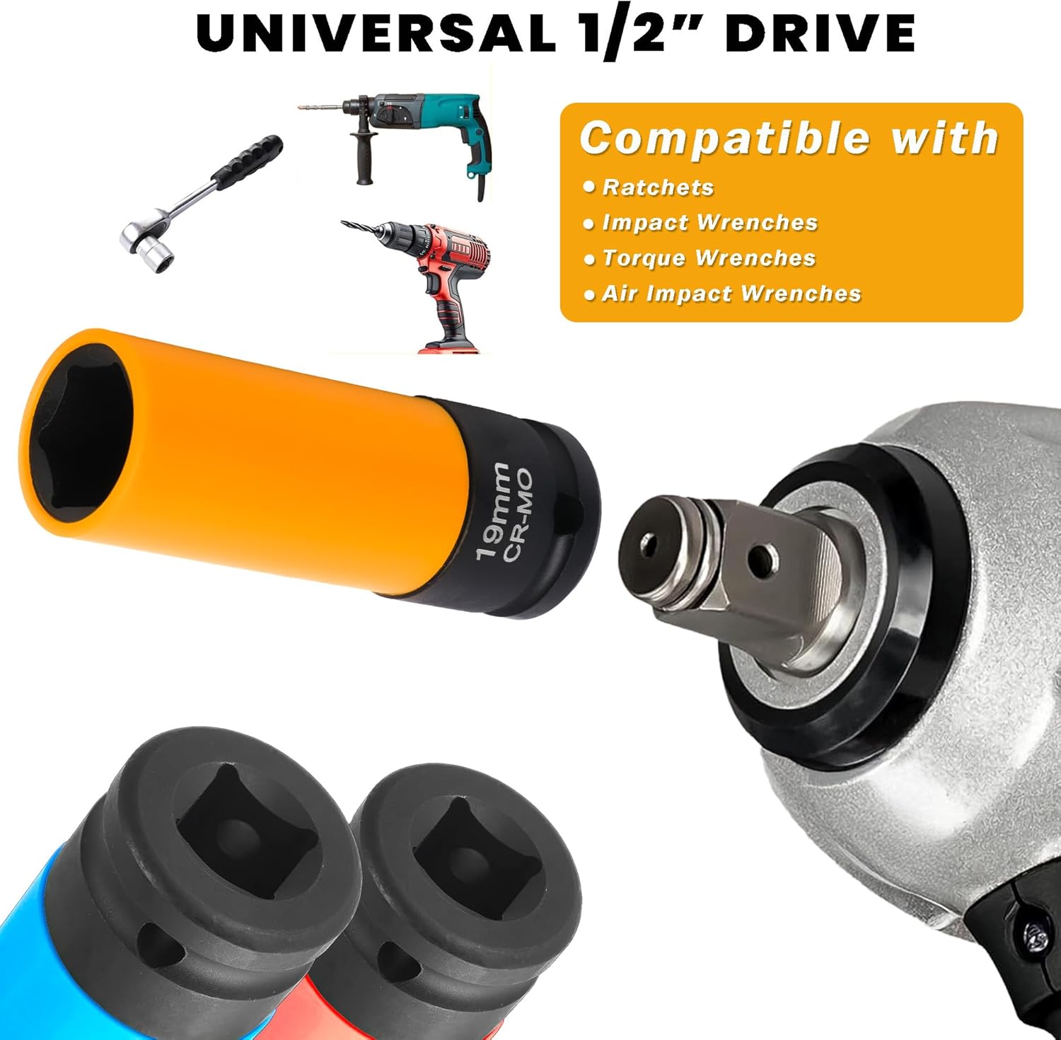 5pcs 1/2 inch Drive Lug Nut Socket Set, Metric 17mm 19mm 21mm 22mm, 17mm for Benz Convex Flower Head Bolt, Impact Non-Marring Thin Wall Wheel Nut Socket