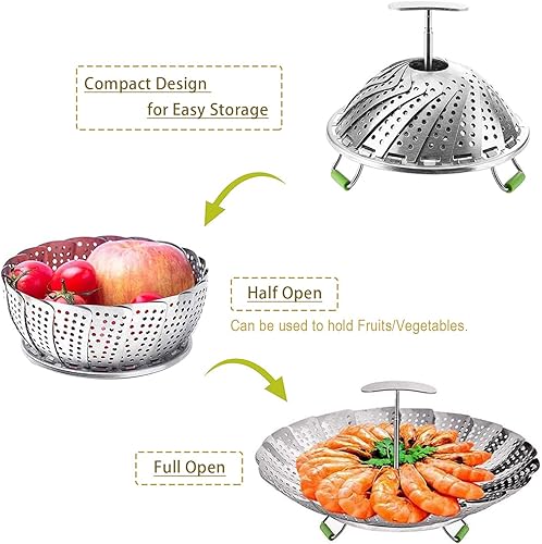 Miniatura 3 de Cesta de vapor, utensilios de cocina plegables de acero inoxidable, tamaños ajustables para adaptarse a varias ollas (5.1 a 9 pulgadas)