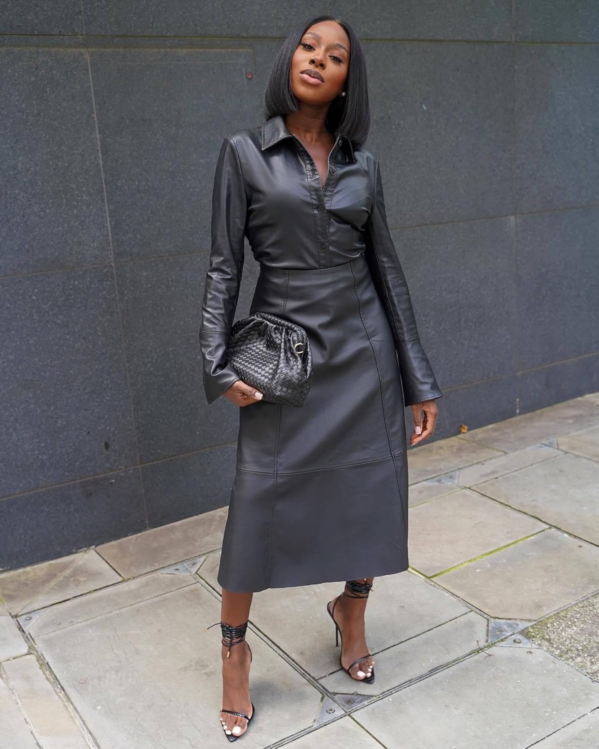 Womens PU Leather Outfits Lapel Shirt Long Sleeve with Leather Maxi Skirts Going Out Casual Sets - Image 3