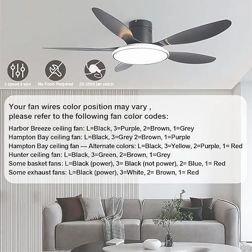 Miniatura 4 de ZE-208s - Interruptor de ventilador de techo de 3 velocidades, con 4 cables preinstalados, compatible con reemplazo de interruptor de ventilador