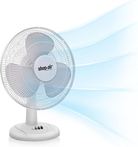 Miniatura 7 de Shop-Air Ventilador de mesa oscilante de 12 pulgadas, 3 velocidades, circulación de aire silenciosa y potente, inclinación de cabeza ajustable de