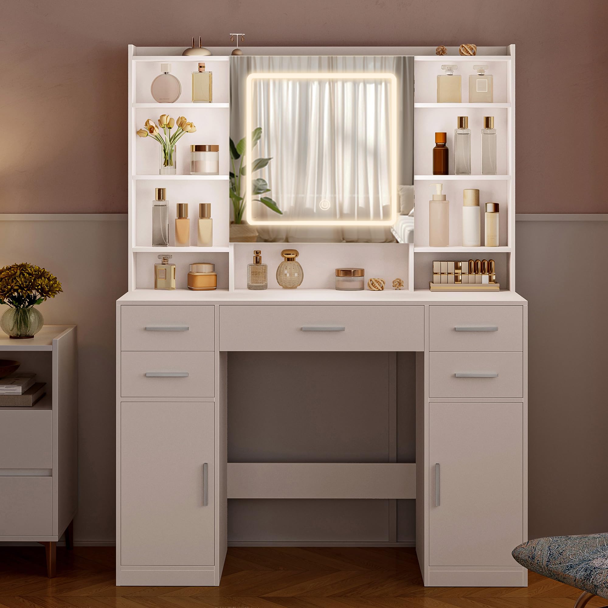 HEXCELEN 108 cm Tocador con Espejo y Luces LED con Brillo Ajustable Blanco | Mesa de Maquillaje con 5 Cajones, 2 Armarios y 9 Compartimentos Abiertos, Tocador de Maquillaje