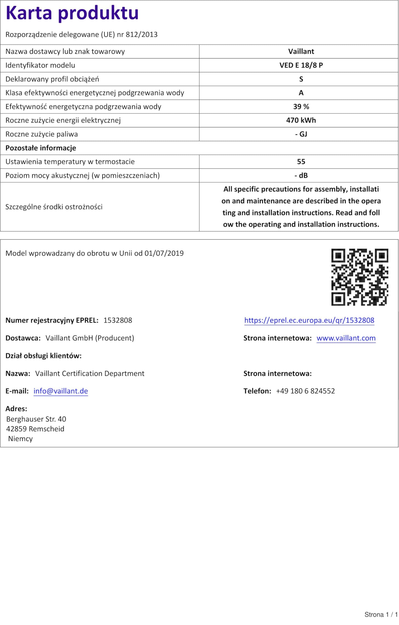 Vaillant Elektroniczny podgrzewacz wody, VED plus 18/8, odporny na ciśnienie, 18 kW, 400 V, dokładna temperatura wypływu, bezstopniowa regulacja, wyświetlacz graficzny, 0010023766, [klasa energetyczna