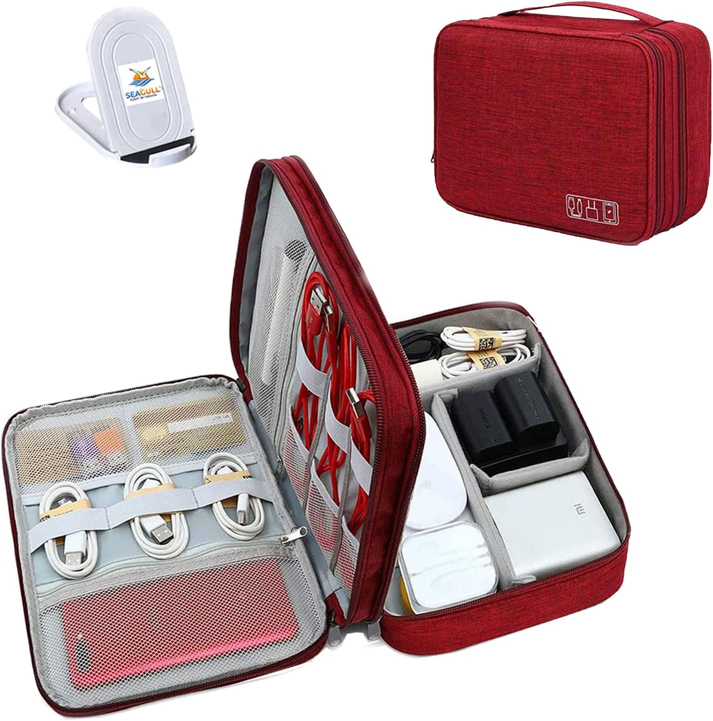 Seagull Flight of Fashion Double Layer Electronic Gadget Organizer Case, Cable Organizer Bag for Accessories with Mobile Stand - 27 X 20 X 9 Cm - Wine Red - Model 1
